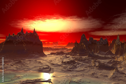 3D rendered fantasy alien planet. Rocks and sunset
