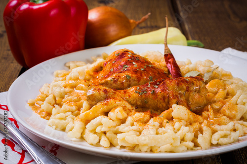 Hungarian chicken paprikash with noodles, closeup