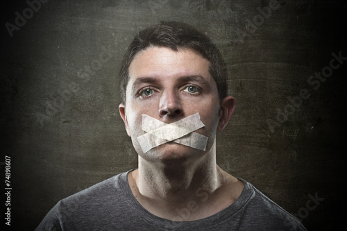 attractive censored man mouth tape sealed freedom speech concept