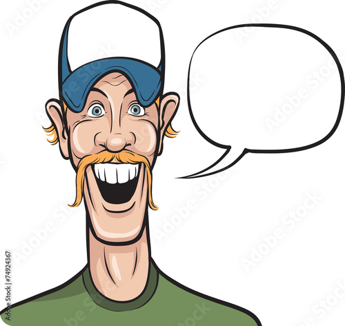 cartoon smiling man in baseball cap with speech bubble