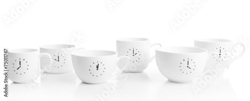 Coffee cups with time for coffee break, isolated on white