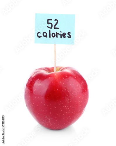 Red apple with calories count label isolated on white