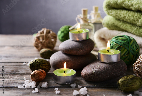 Composition of spa treatment on wooden background