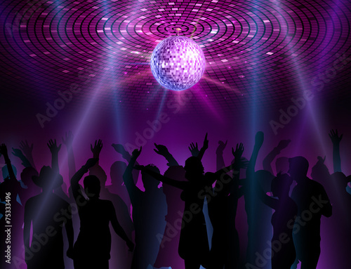Disco ball background. Dancing people