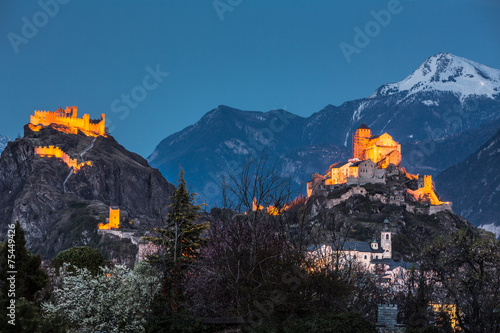 Switzerland, Valais, Sion, Night Shot of the two Castles