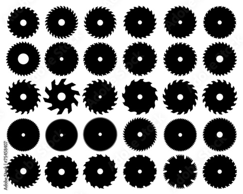 Black silhouettes of different circular saw blades, vector