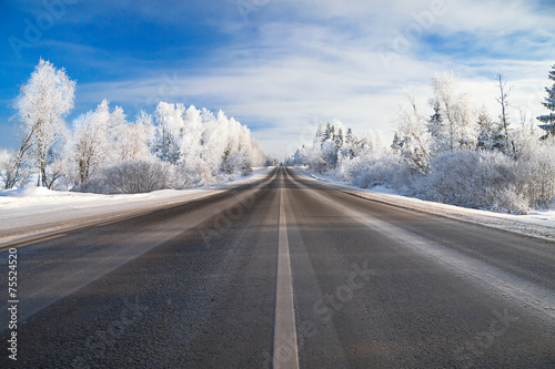 winter rural landscape with the road the forest and the blue sk