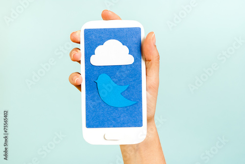 Conceptual phone showing a cloud and bluebird on blue background