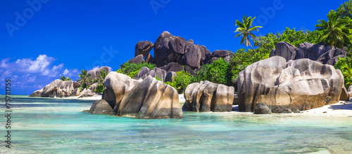 Seychelles - panorama with impressive granite rocks in La Digue