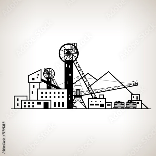 Silhouette coal mine with spoil tip and with rail cars, vector
