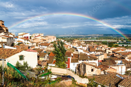 Aerial view of Calahorra with a rainbow