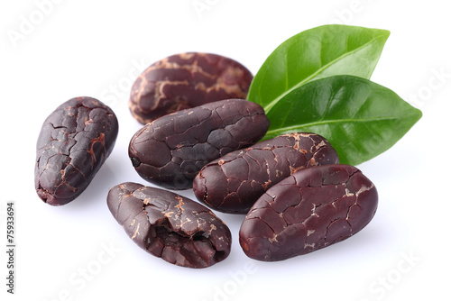 Cacao beans with leaves