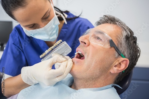 Dentist comparing teeth whitening