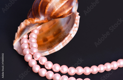 Luxury seashell with pink necklace pearls isolated on black