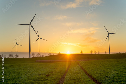 turbiny wiatrowe na polu,podczas wschodu słońca