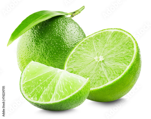 Lime with slice and leaf isolated on white background