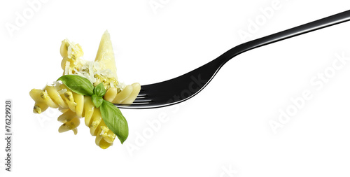 fork pasta fusilli pesto sauce, basil parmesan pine nuts