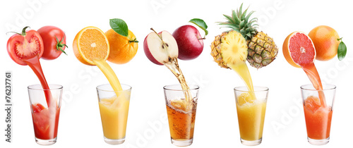 Fresh juice pours from fruits and vegetables in a glass.