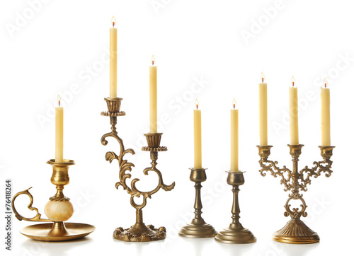 Retro candlesticks with candles, isolated on white