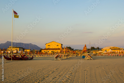 comfortable beach in Viareggio in Tuscany at sunset