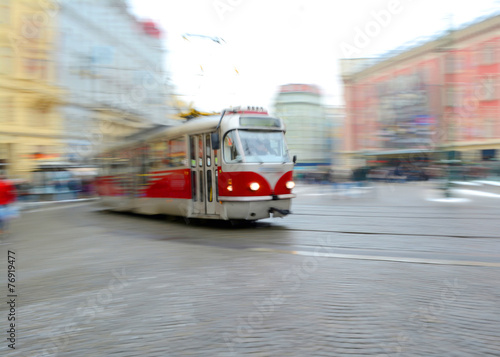 Old tram in motion blur in Prague