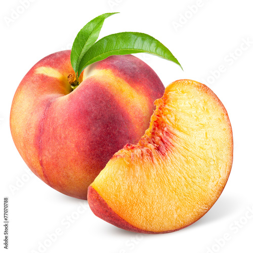Peach with slice and leaves isolated on white