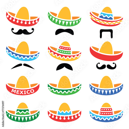 Mexican Sombrero hat with moustache or mustache icons