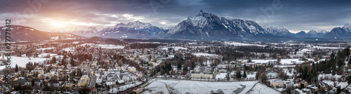 panorama of sunset over Austrian Alps covered in snow