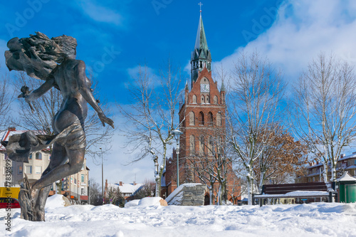 Winter in the center of Elk town. Masuria, Poland.