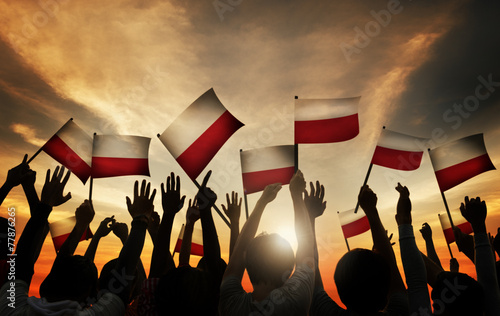 Group People Waving Polish Flags Back Lit Concept