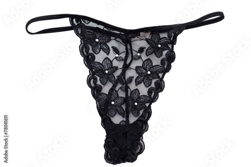 Closeup of a sexy black lace g-string thongs, isolated on white