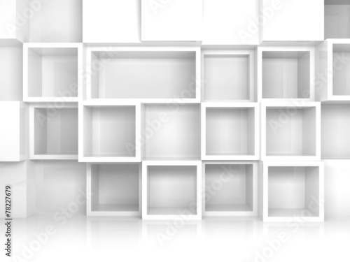Abstract empty 3d interior with white square shelves