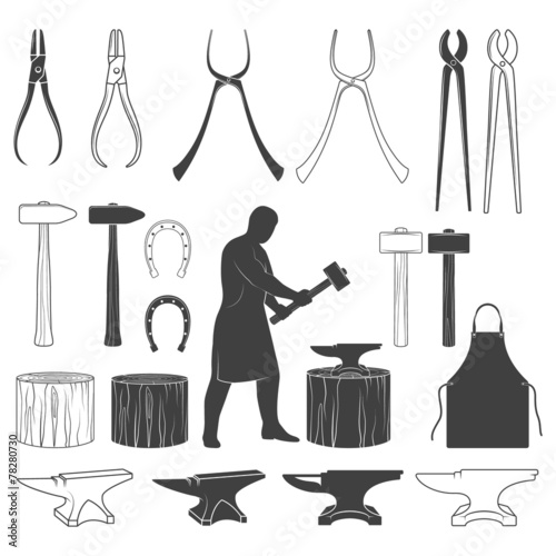 Set of vintage blacksmith icons and design elements
