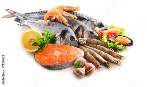 Fresh fish and other seafood isolated on white