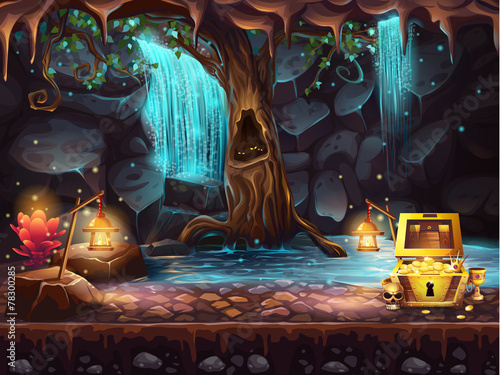 Fantasy cave with a waterfall, tree, treasure chest