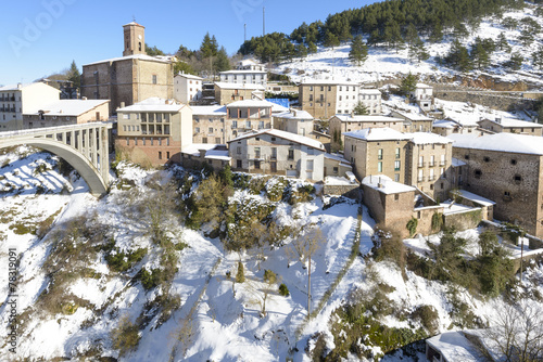 Town of Ortigosa de Cameros in a snowy day, La Rioja, Spain