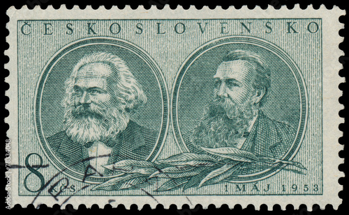 Stamp printed by Czechoslovakia shows Marx and Engels