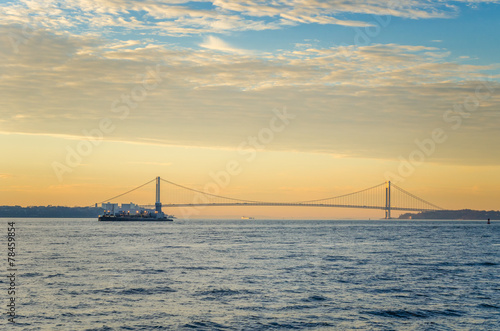 New York Harbor with Verrazano Bridge in Background at Dawn