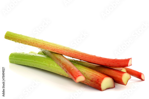 freshly cut stems of rhubarb on a white background