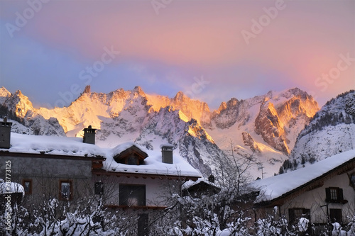 Sunrise mountains in the ski resort Courmayeur