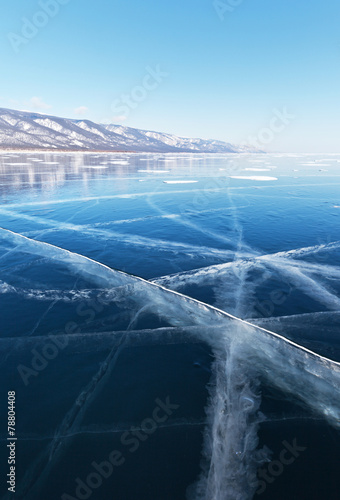 Baikal. Blue smooth ice on the lake