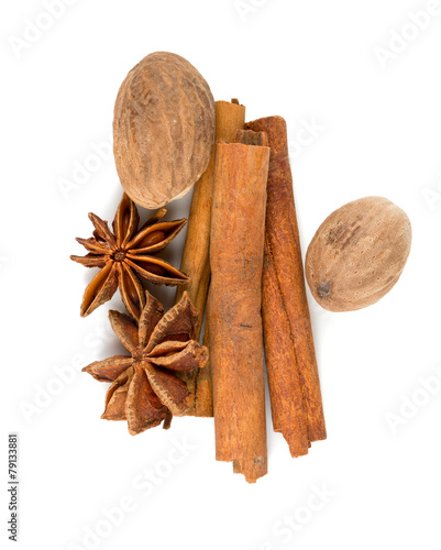 nutmeg, cinnamon and star anise isolated on white