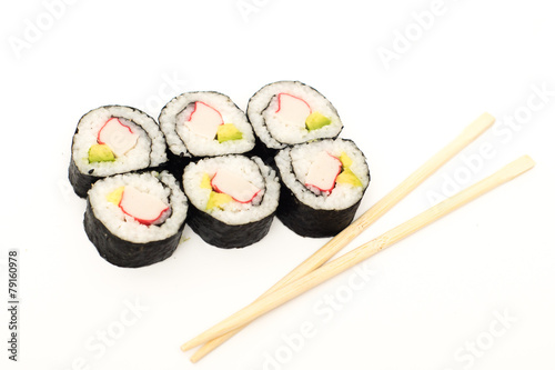 hosomaki sushi portion of six pieces with surimi, avocado, on white background