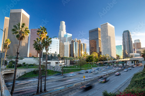 Los Angeles downtown buildings skyline highway traffic