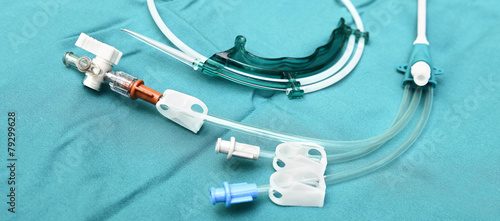 Close up view ona central venous catheter and a guide wire