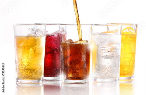 Soft drinks with ice being poured
