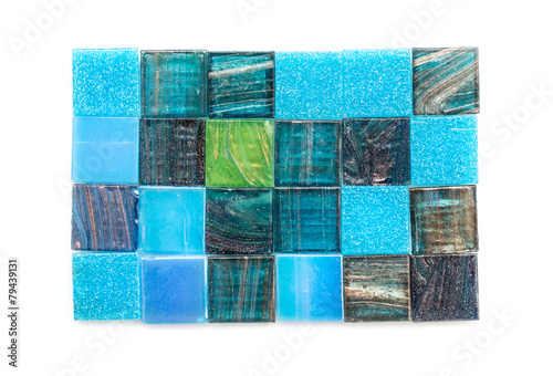 Blue and green glass mosaic square tiles aligned