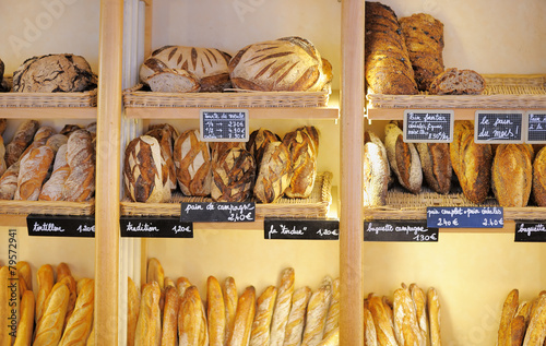Freshly baked breads in French bakery