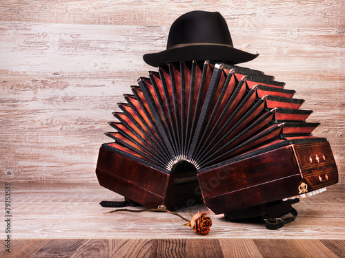 Bandoneon, tango instrument, and a hut