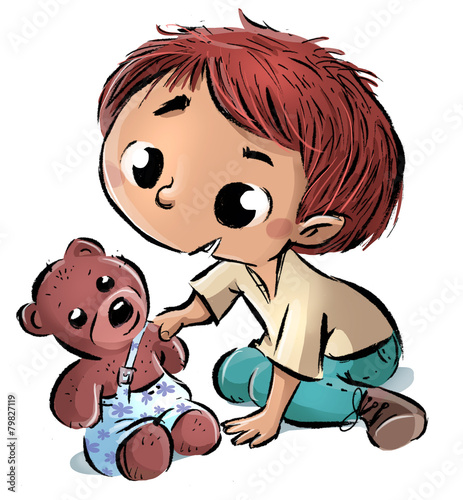 niño jugando con oso de peluche